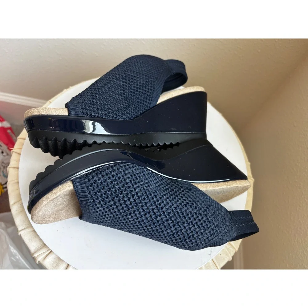 NWT Anne Klein Wedge Sandals Size 6 Navy Blue Stretch Knit Platform Slingback AK